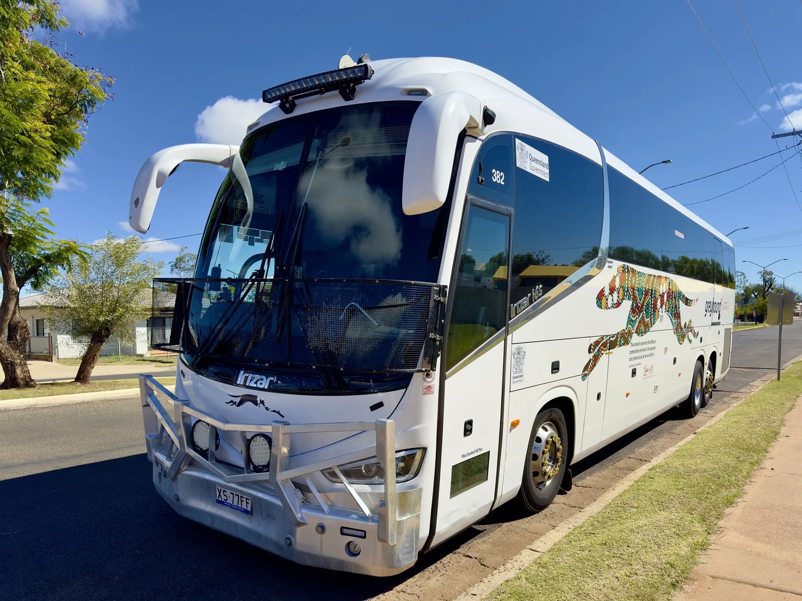 A Greyhound coach parked on an East Coast street