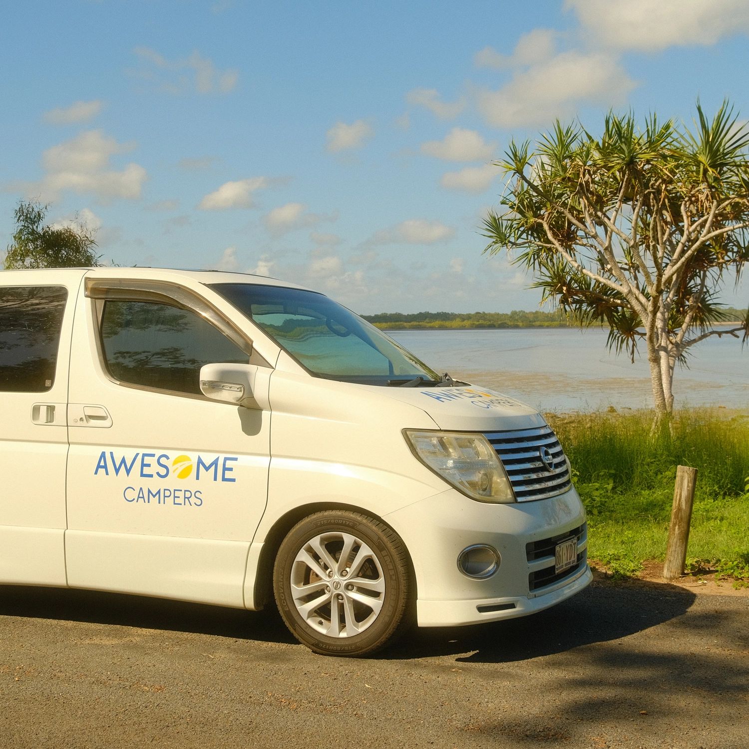 A white people-mover campervan parked beside a bay with a pandanus tree