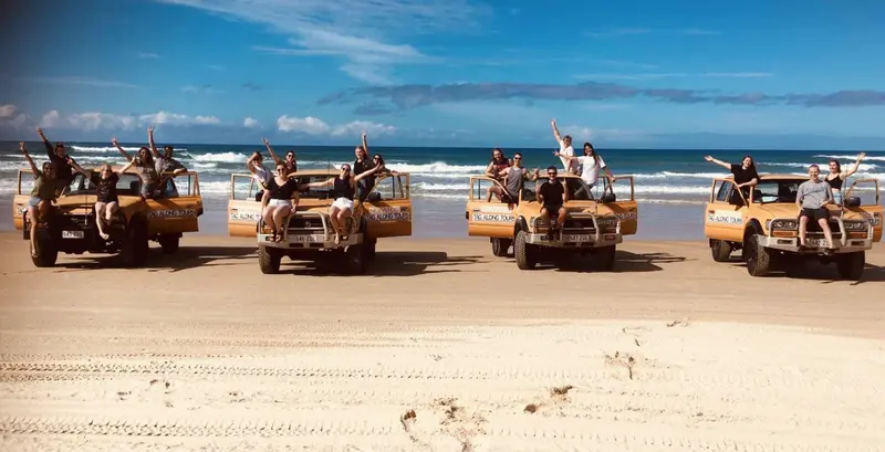 A convoy of 4WDs on the beach on K'gari