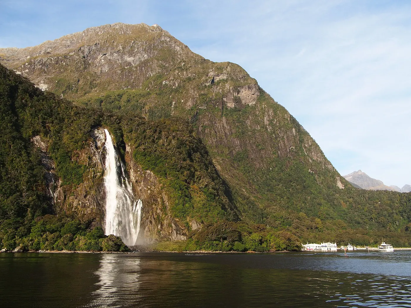 Waterfall and peaks in Milford Sound